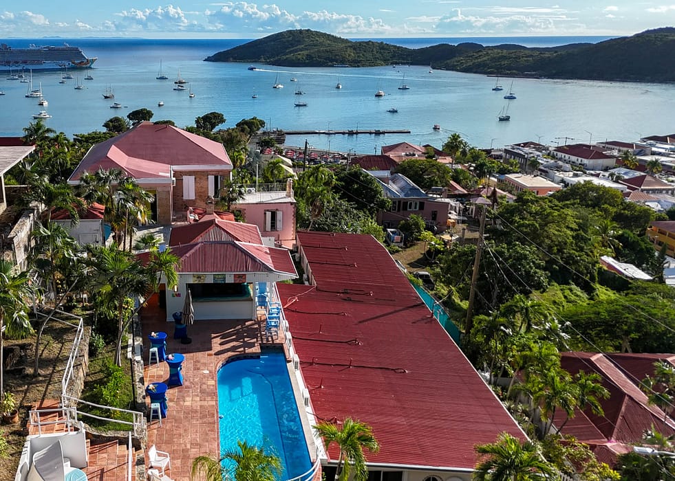 Aerial view over Charlotte Amalie harbour with The Mary Anne Boutique Hotel on the hillside, St. Thomas USVI