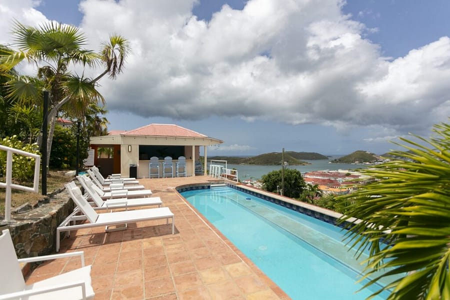 Poolside view over Charlotte Amalie harbor at The Mary Anne, a St. Thomas wedding photography location